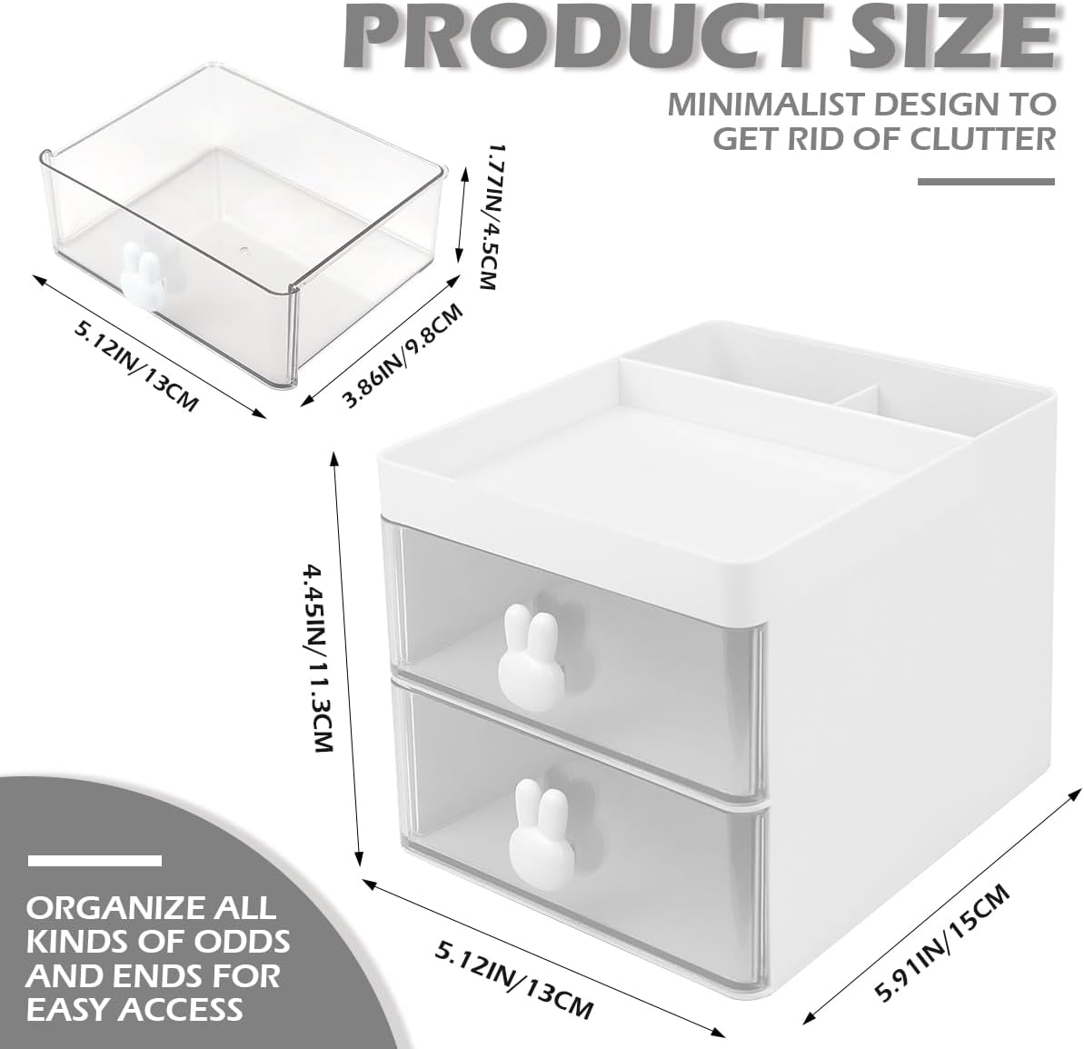 3 Layer Plastic Storage Drawer Bunny Transparent Cosmetic Organizer Rabbit Makeup Organizer Storage Container for Office School Home（White）