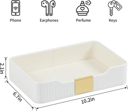Valet Tray Desktop Storage Organizer, PU Leather Catchall Bedside Vanity Tray with Brass Accents Block Nightstand Organizer for Keys Watch Wallet Phone, Decorative Nightstand Storage (Green)