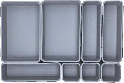 U-KIME 8-Piece Interlocking Drawer Organizer Trays, Light gray Plastic Modular Storage Bins for Kitchen, Bathroom, Office & Desk Drawers