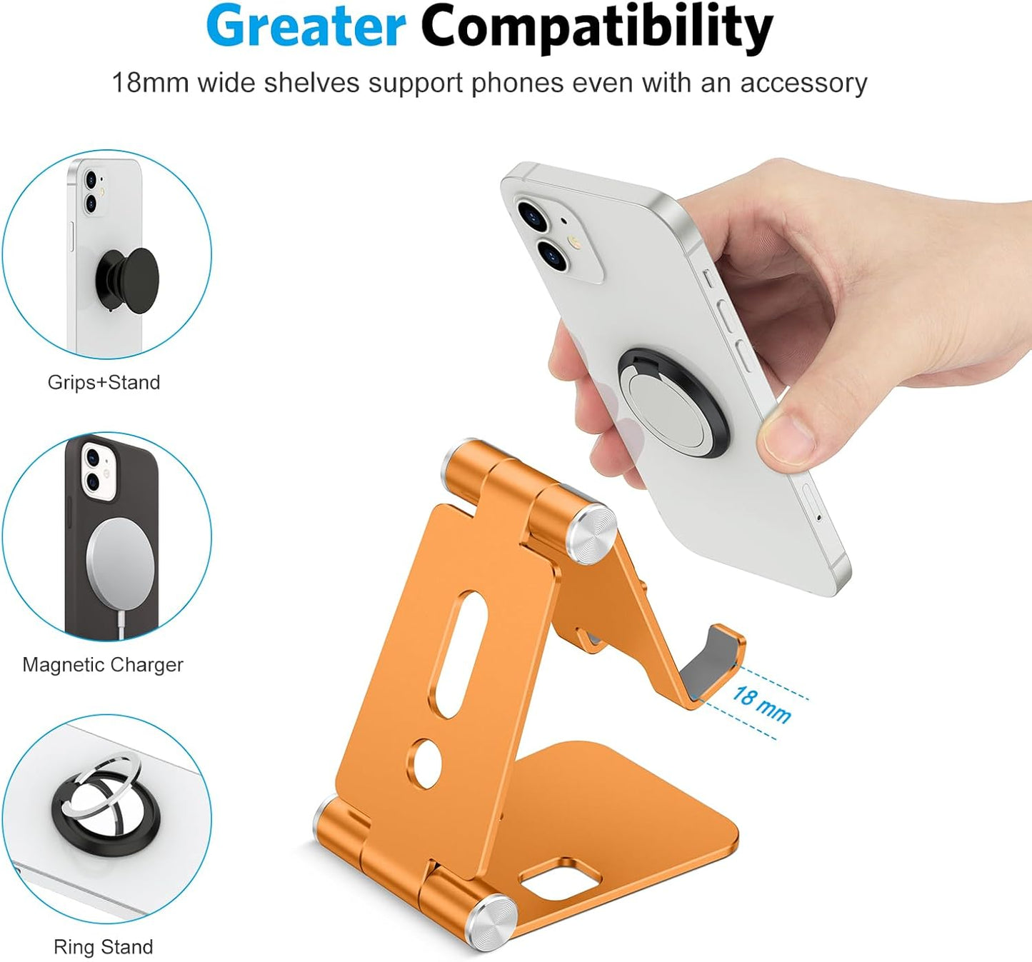 OMOTON Foldable Cell Phone Stand, C4 Portable Aluminum Phone Holder, Adjustable Phone Dock Cradle Compatible with iPhone 17/16/15 Pro Max Air, Samsung Galaxy, Small Tablets, All Smart Phones, Silver