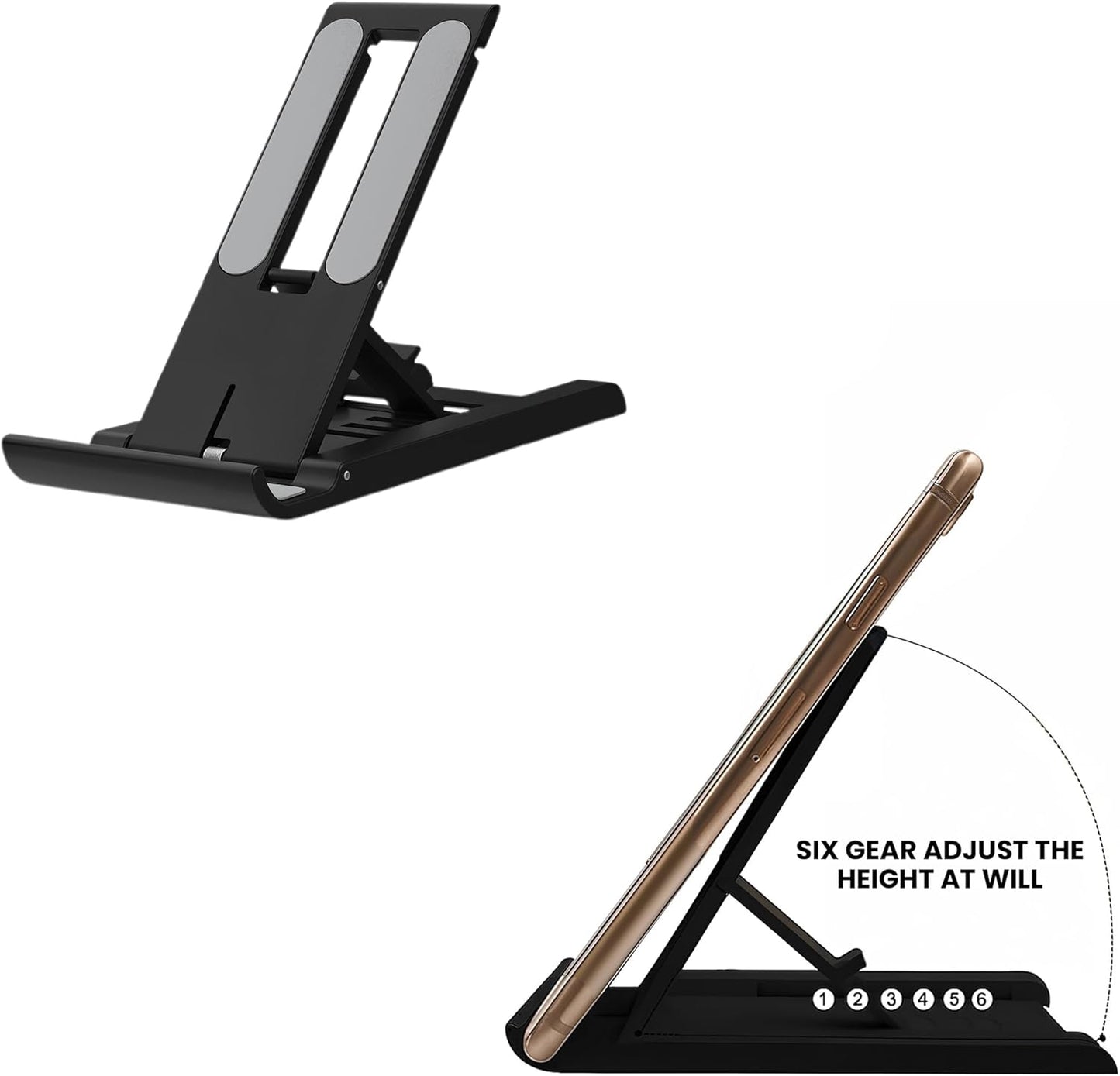 Foldable Phone Stand for Desk | Six Position Adjustable Folding Bracket for Cell Phone | Black Cellphone Holder for Desk & Smartphone Stand | Cellphone & Accessories for Men & Women