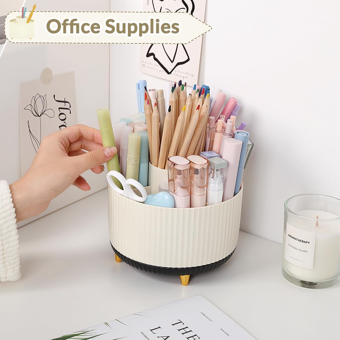SKYDUE 360 Rotating Multipurpose Organizer - Cute Rotating Pen Holder with 5 Slots for Art Supplies, Office, School, Home