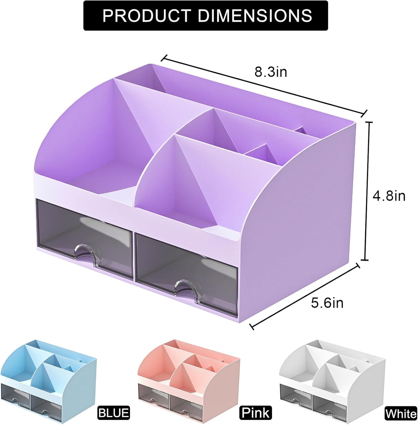 COMFYROOM Desk Organizer with 6 Compartments and 2 Drawers, Plastic Makeup Organizer, Pen Holder for Desktop Storage, Desk Organization for School, Home, Office Supplies (White)