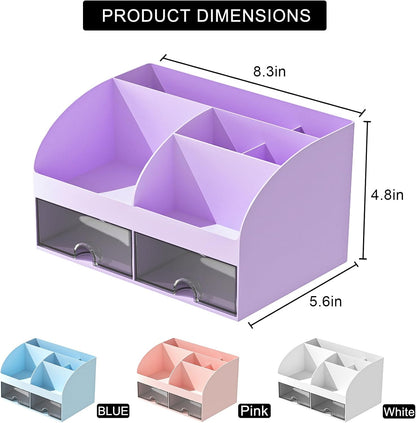 COMFYROOM Desk Organizer with 6 Compartments and 2 Drawers, Plastic Makeup Organizer, Pen Holder for Desktop Storage, Desk Organization for School, Home, Office Supplies (White)