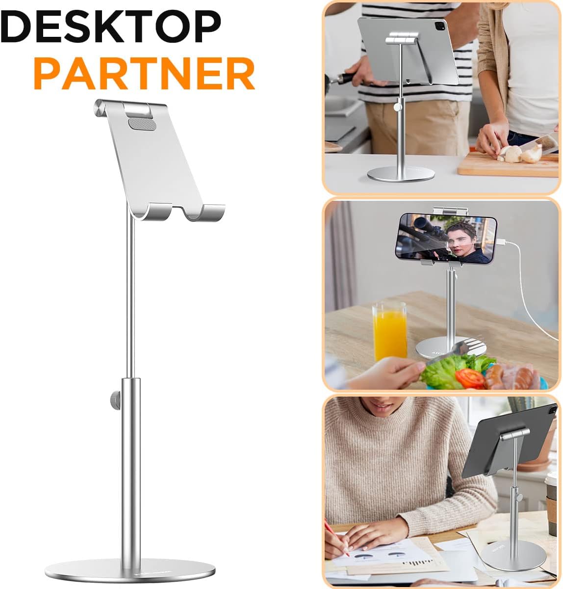 AICase Telescopic Adjustable iPad Holder,Universal Multi Angle Aluminum Stand Compatible with iPhone Smart Cell Phone/Tablet/iPad(4-13 inch), Silver