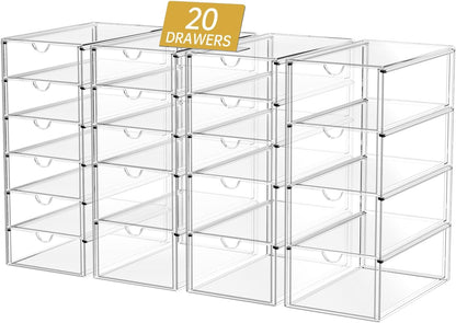 Acrylic Makeup Organizer with 20 Drawers, 4 Set Clear Storage Drawers, Acrylic Drawer Organizer and Storage for Desktop Office Supplies Make Up Pen Hair Accessories