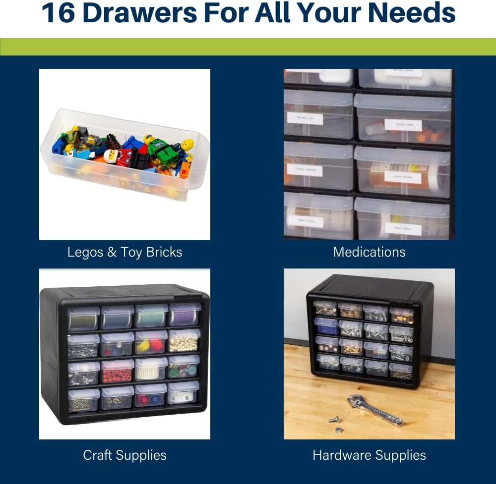 Akro-Mils 24-Drawer Plastic Drawer Storage Cabinet for Garage Organization, Bead Organizer, Building Bricks Storage, Teacher Toolbox, Makeup Organizer, 20" W x 6" D x 16" H, 10124 Black