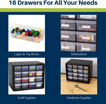 Akro-Mils 24-Drawer Plastic Drawer Storage Cabinet for Garage Organization, Bead Organizer, Building Bricks Storage, Teacher Toolbox, Makeup Organizer, 20" W x 6" D x 16" H, 10124 Black