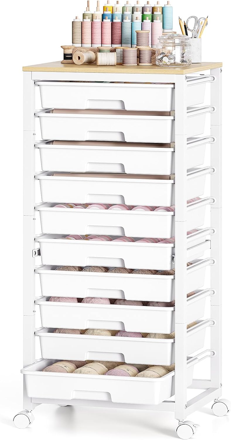 SYKIARIOL Rolling Storage Utility Cart with 6 Drawers and Wooden Tabletop for Under Desk Storage,White