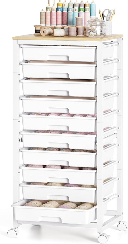 SYKIARIOL Rolling Storage Utility Cart with 6 Drawers and Wooden Tabletop for Under Desk Storage,White