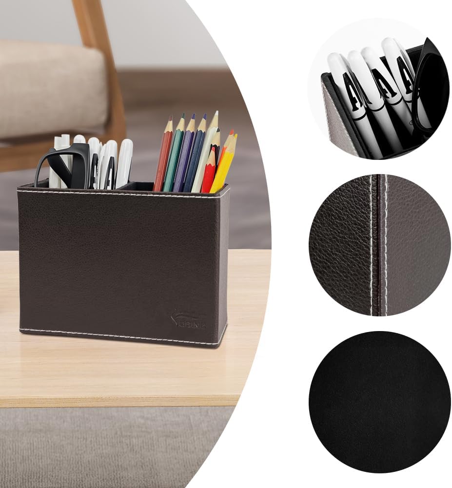 Leather Pen Holder, Brown Pencil Holder, Desktop Elegant Pen Holder for Desk, Stationery Organizer for School Office Home Dorm (3.3" x 3.3" x 4", Brown)
