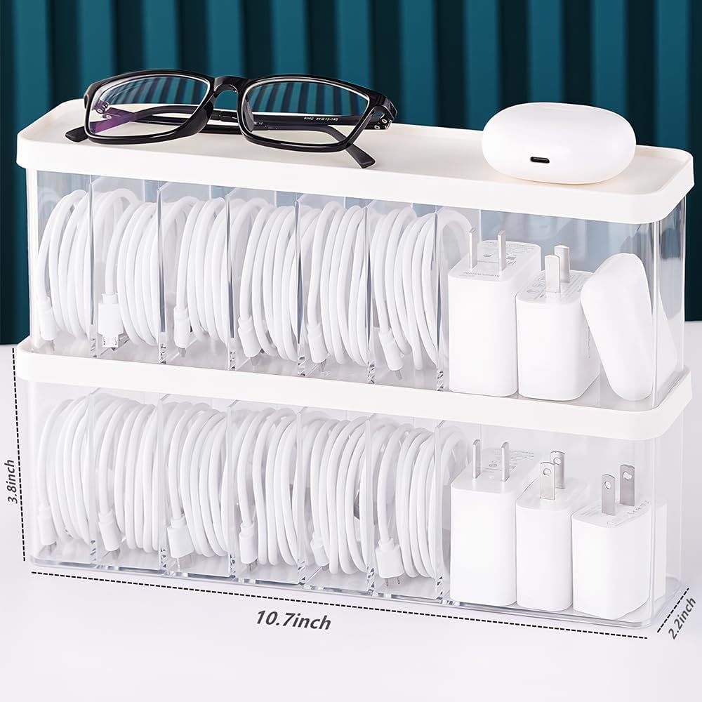 Charger Cable Cord Storage Organizer Box - 2 Pack With Lid - Easy Storage Without Cable Ties