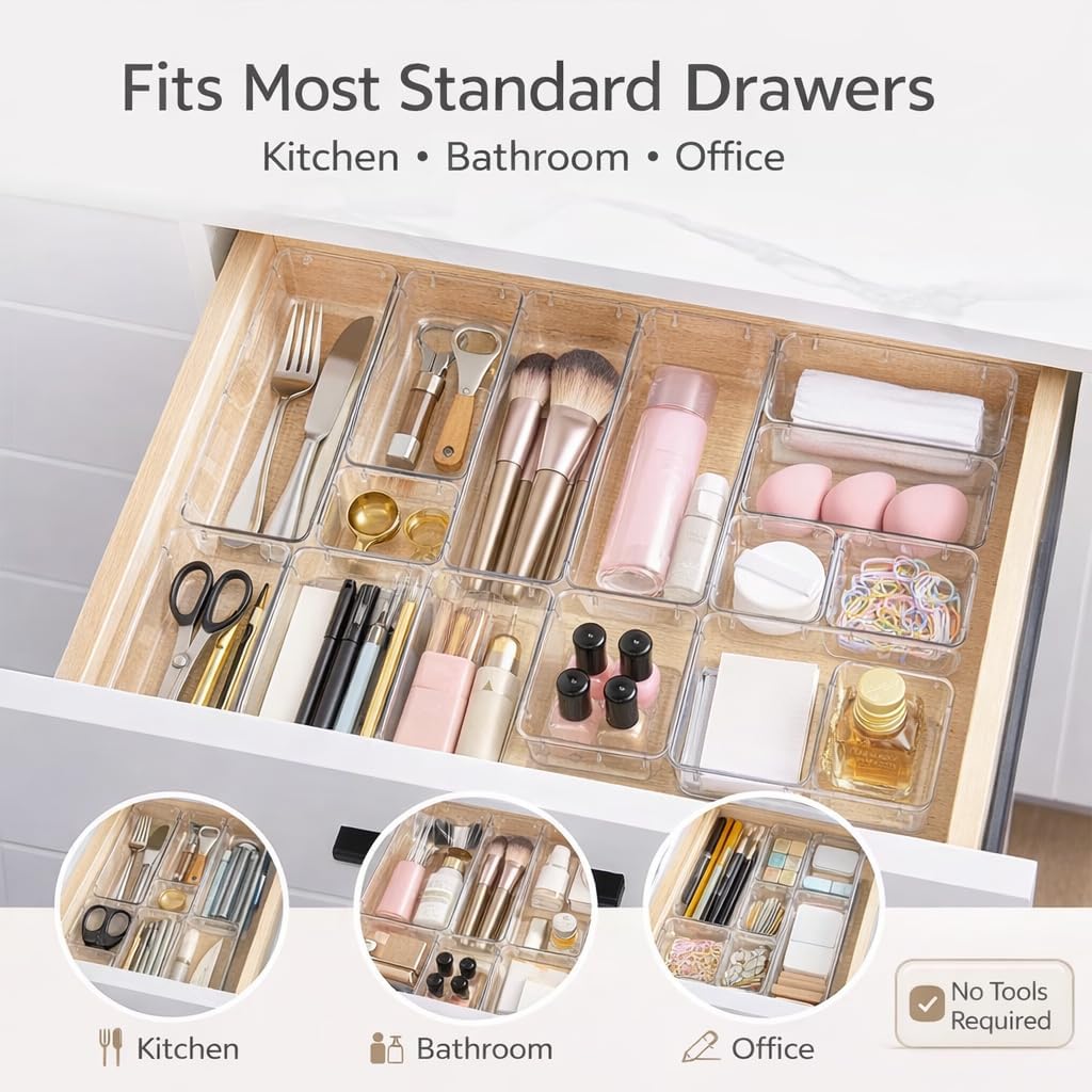 Bathroom Drawer Organizer Trays 13 Piece Clear Drawer Organizer Set, Plastic Organizer Bins for Bathroom, Makeup, Kitchen & Office, Modular In-Drawer Storage System
