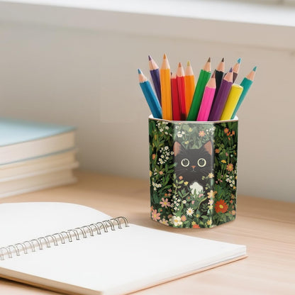 WAVEYU Ceramic Pen Holder for Desk Cute, Pencil Cup Pot Desk Organizer, Makeup Brush Holder for Women, Men, Kids, Desk Marble Decor for Office, Classroom, Home, Gray Golden
