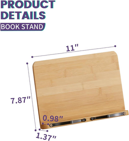 Bamboo Book Stand, Adjustable Reading Holder with Page Clips, Portable Lightweight Desk Stand for Textbooks, Cookbooks (Small)