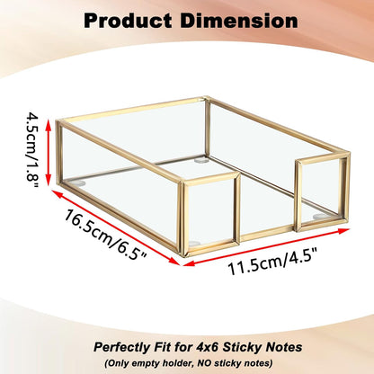 BTSKY Golden Glass 3x3 Inch Sticky Note Holder with Pen Slot, Elegant Post It Note Dispenser with Non-Slip Pads Clear Notepad Holder for Desk Organization Planning, Home Office Decor