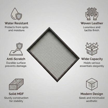 Zosenley Wooden Valet Tray with Leather Base - Nightstand Catchall Organizer for Cologne, Perfume, Keys, Wallet, Phone, Watch, Jewelry & Sunglasses (Black)