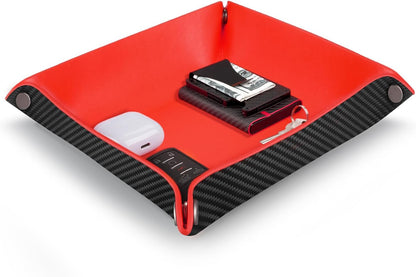 Valet Tray Organizer with Carbon Fiber Style Texture, Foldable Catchall Tray for Keys, Wallet & Everyday Essentials(Red)