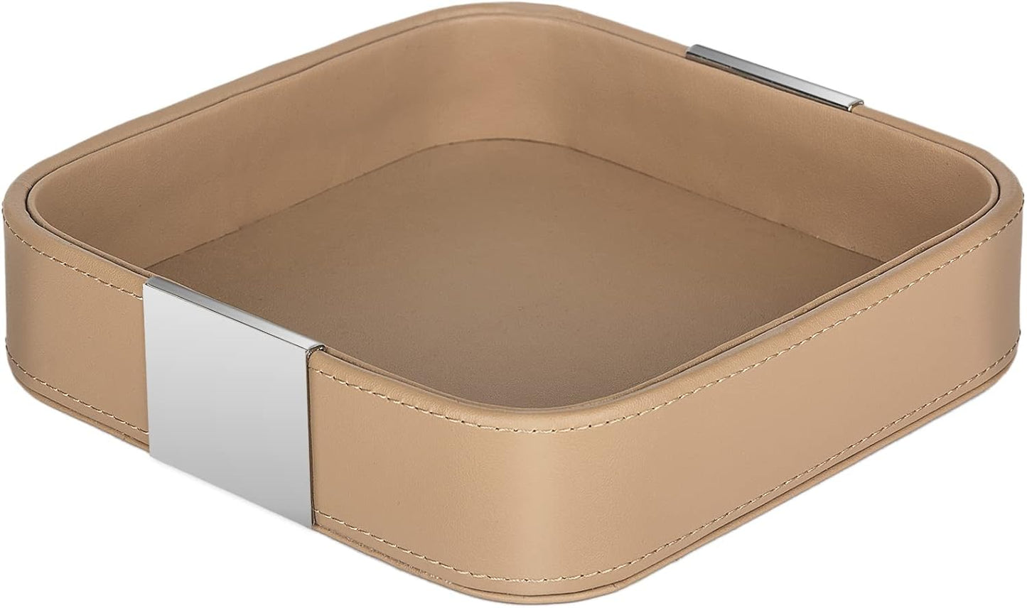 SANZIE Luxury Leather Desktop Storage Small Catchall Organizer Decorative Tray for Entryway Table to Hold Jewelry Watch Cosmetics Keys Phone Wallet, Home & Office Accessories (Metal Silvered, Black)