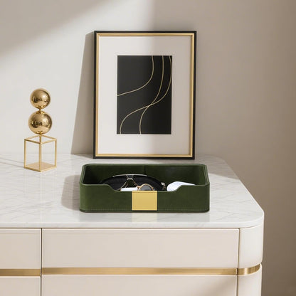 10.2" x 6.7" Nightstand Organizer Tray with Gold Accent, Decorative Valet Trays Cologne Organizer for Men, Key Bowl Perfume Trinket Tray for Dresser Bedside Entryway Table (Navy Blue)
