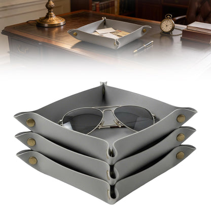3 PACK PU Leather Jewelry Valet Tray Organizer, Foldable & Portable Catch All Bowl for Entryway Table, Nightstand, Desk & Travel | Storage Dish for Keys, Watch, Coin, Glasses (Brown)