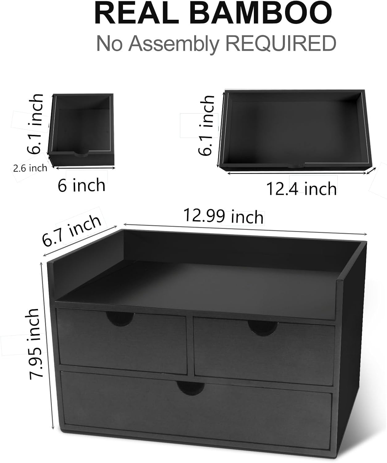 Charmewooden Bamboo Desk Organizer 3 Drawer with Shelf, Countertop Organizer with Drawers Makeup Storage Drawer 3 Drawers Tabletop Storage Organization Box Home Office Workspace（White）