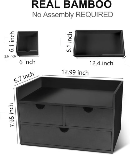 Charmewooden Bamboo Desk Organizer 3 Drawer with Shelf, Countertop Organizer with Drawers Makeup Storage Drawer 3 Drawers Tabletop Storage Organization Box Home Office Workspace（White）
