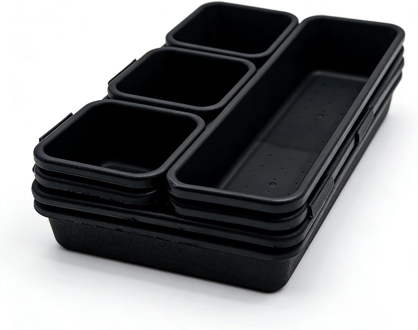U-KIME 8-Piece Interlocking Drawer Organizer Trays, Black Plastic Modular Storage Bins for Kitchen, Bathroom, Office & Desk Drawers