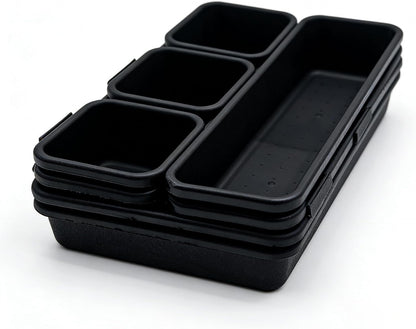 U-KIME 8-Piece Interlocking Drawer Organizer Trays, Black Plastic Modular Storage Bins for Kitchen, Bathroom, Office & Desk Drawers