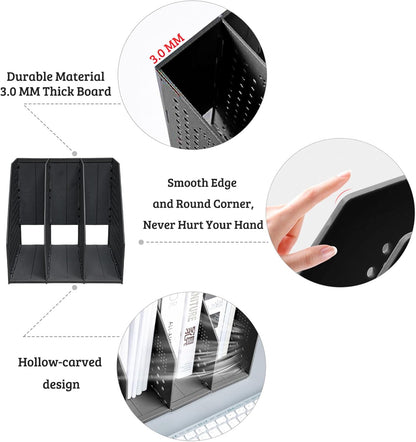 SAYEEC 2Pcs Collapsible Plastic Magazine File Holder Vertical Binder Storage Organizer for Desk Sturdy Upright Desktop Magazine Organizer Folder Rack for Office School Home (3 Compartments, Black)