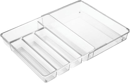 mDesign Adjustable, Expandable Plastic Kitchen Cabinet Drawer Storage Organizer Tray - for Storing Organizing Cutlery, Spoons, Cooking Utensils, Gadgets - 2" High - Clear