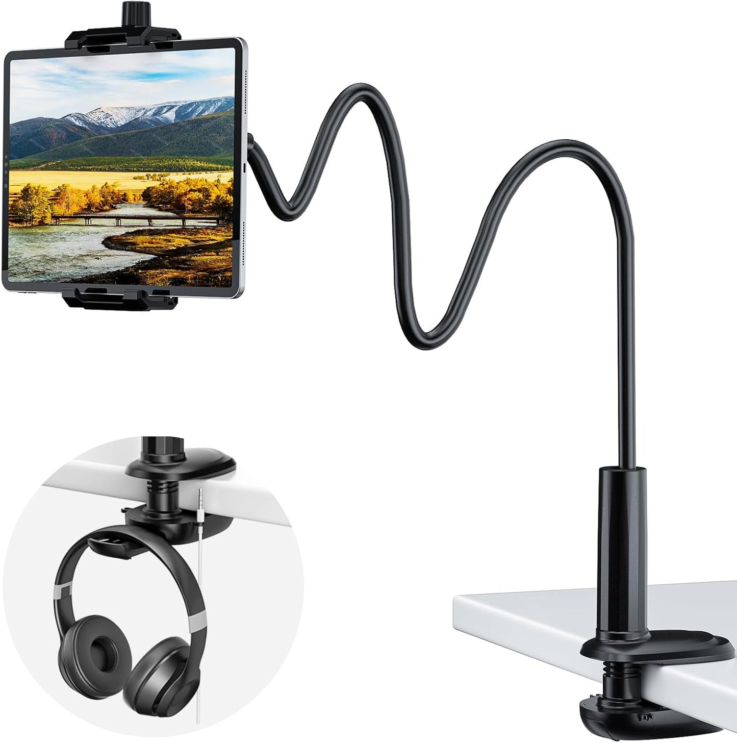 KDD Gooseneck Tablet Stand, 360° Adjustable Phone & iPad Holder for Bed and Desk, Flexible Arm Mount Clip for Video Recording, Bedside & Headboard Clamp for iPad Pro 12.9, Mini, Kindle