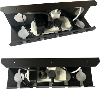 Desk Cable Management, U-Channel Cord Box, Metal Under Cable Management Tray, Office Under Organizers with Hat Racks(White, 2pcs Cord Organizer Box + 2pcs Special Hooks)