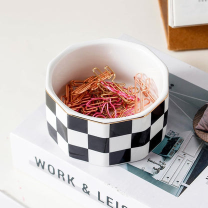 Aesthetic Desk Organizer Set of 2 For Office, Checkered Pen Holder and Paper Clip Holder Dispenser, Ceramic Cute Pencil Cup, Desktop Accessories, Office Decor, Ideal Gifts for Mom (Pink-White)