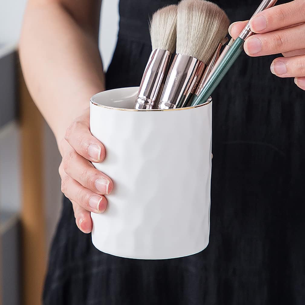 Ceramic Pen Holder Stand Cup Pencil Holder Organizer Makeup Brush Holders for Home Office Desk (White)