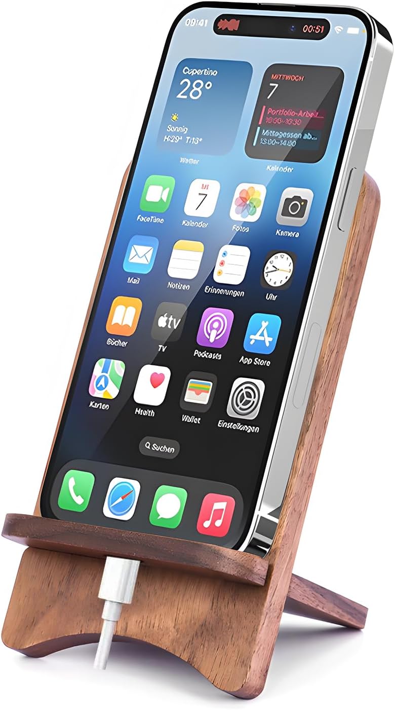 LUCKY BEAN Wood Phone Stand, Desktop Wooden Phone Holder, Portable Phone Stand for Desk, Compatible with iPhone & All Cell Phones (Walnut Wood)
