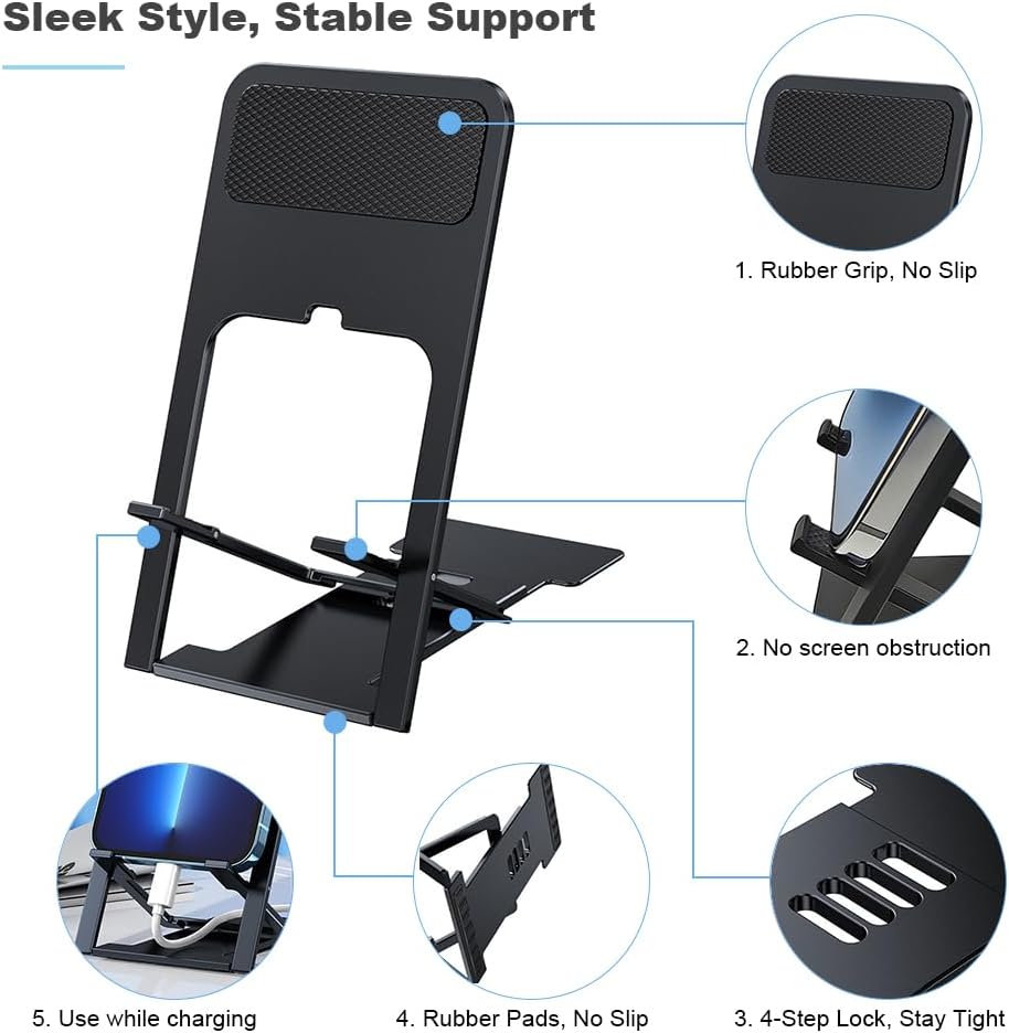 Kemoxan 2 Pack Portable Cell Phone Stand Holder for Desk, Foldable Pocket-Sized Mount, Universal Adjustable Desktop Mobile Phone Kickstand Compatible with iPhone IPads Kindle Android Black & White