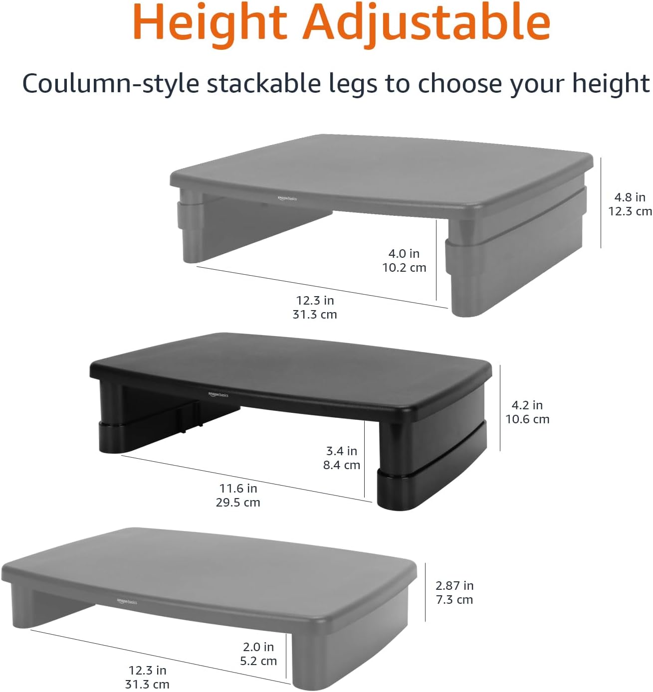 Amazon Basics Height Adjustable Monitor Stand Riser with Storage Organizer, Multifunctional Desk Accessories for Reduced Neck Strain - Fits Monitors, Laptops Up to 22lbs, Black
