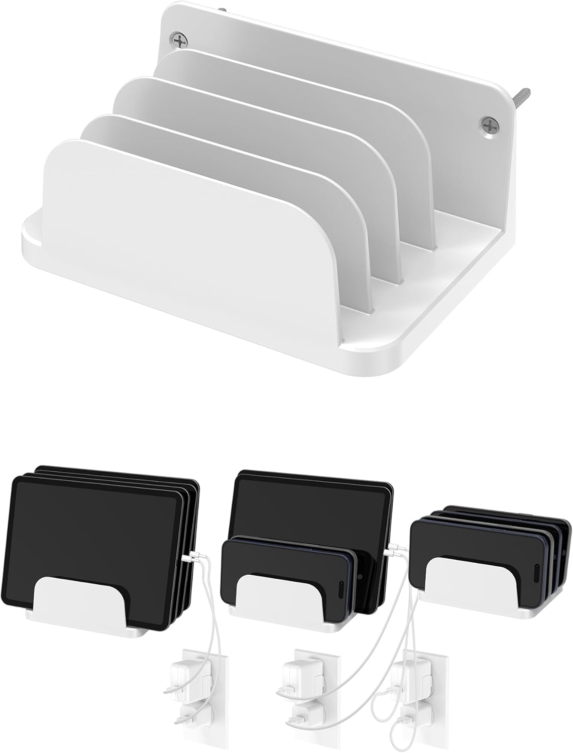 Wall Mount Phone Holder for Smartphones and Tablets, Phone Shelf with 4-Slot Docking Station Compatible with Tablet, ipad, Kindle Wall Charging Organizer (Black)