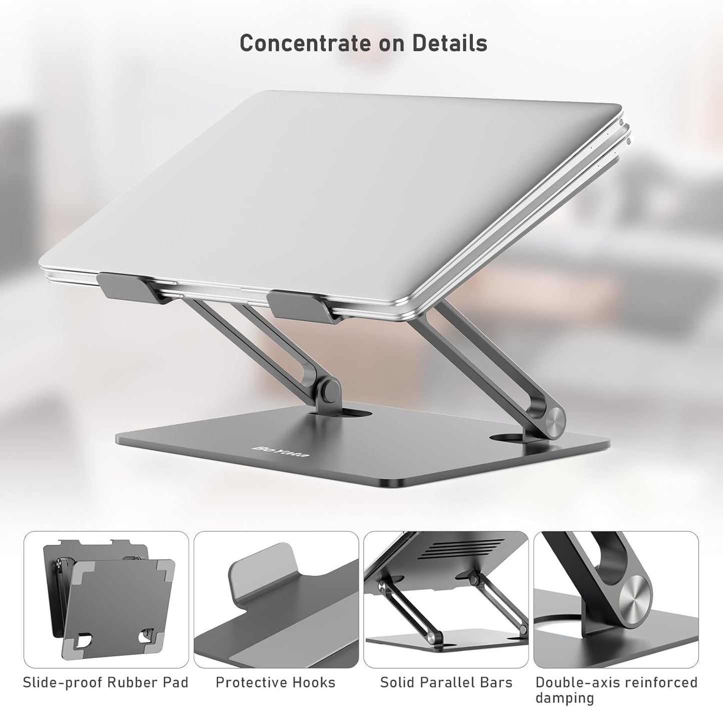 BoYata Laptop Stand, Adjustable Laptop Riser with Slide-Proof Silicone and Protective Hooks, Aluminum Notebook Stand for Laptop up to 15 Inches, Laptop Holder Compatible for MacBook (Silver-2)