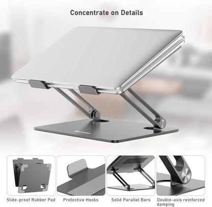 BoYata Laptop Stand, Adjustable Laptop Riser with Slide-Proof Silicone and Protective Hooks, Aluminum Notebook Stand for Laptop up to 15 Inches, Laptop Holder Compatible for MacBook (Silver-2)