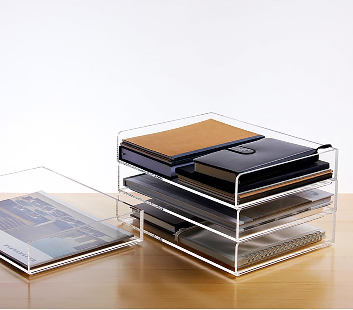Elsjoy Set of 2 Acrylic File Tray, 2-Tier Stackable Paper Tray Clear Desktop File Organizer for Documents, Books, Magazine, Office, School