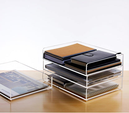 Elsjoy Set of 2 Acrylic File Tray, 2-Tier Stackable Paper Tray Clear Desktop File Organizer for Documents, Books, Magazine, Office, School