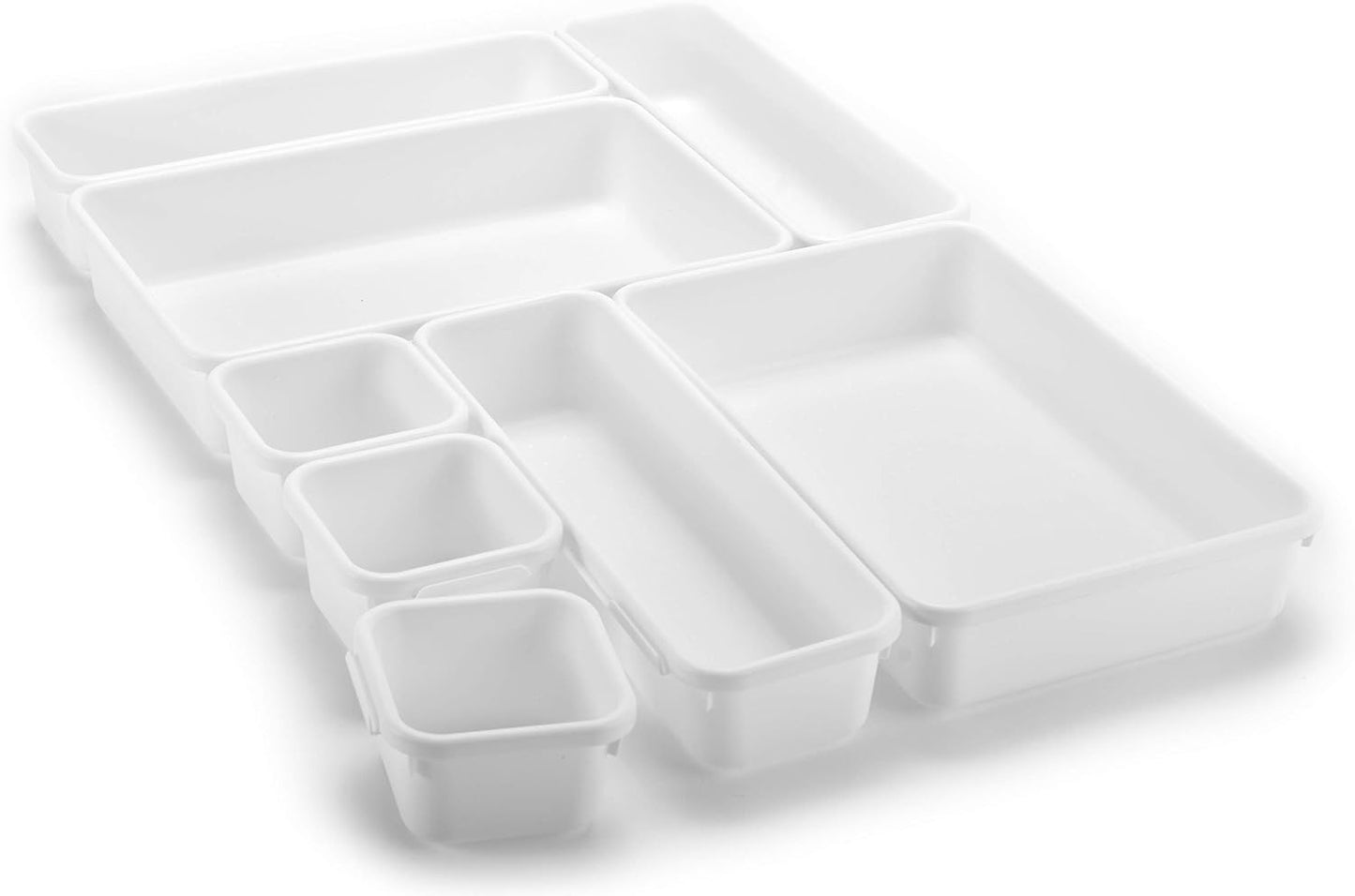 Masirs Interlocking Drawer Organizer Bins, Durable Plastic, Various Sizes for Custom Layout Design, Great for Desk Drawer, Tool Box or Garage Organization, (Black | 8-Piece Set)