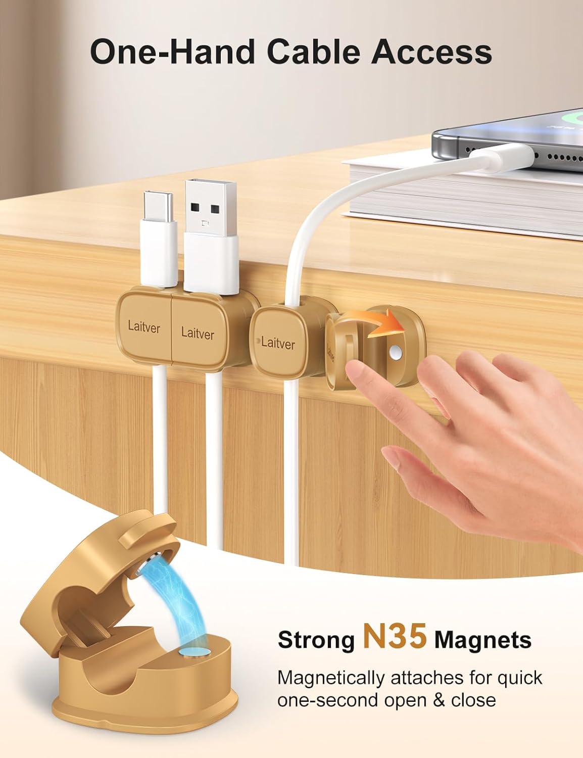 6 Pack Magnetic Cable Clips [1s Open/Lock], Laitver Cord Organizer Holder Strong Adhesive Desk Cable Management- Organize Charging Cords Neatly for Home, Office, Car,Desk, Nightstand