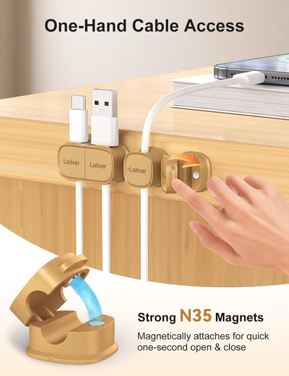 6 Pack Magnetic Cable Clips [1s Open/Lock], Laitver Cord Organizer Holder Strong Adhesive Desk Cable Management- Organize Charging Cords Neatly for Home, Office, Car,Desk, Nightstand
