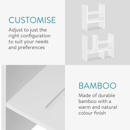 Navaris Desk Organizer Shelf Unit - Desktop Shelves for Table or Countertop - Free-Standing Adjustable Bamboo Shelving for Kitchen or Office - White