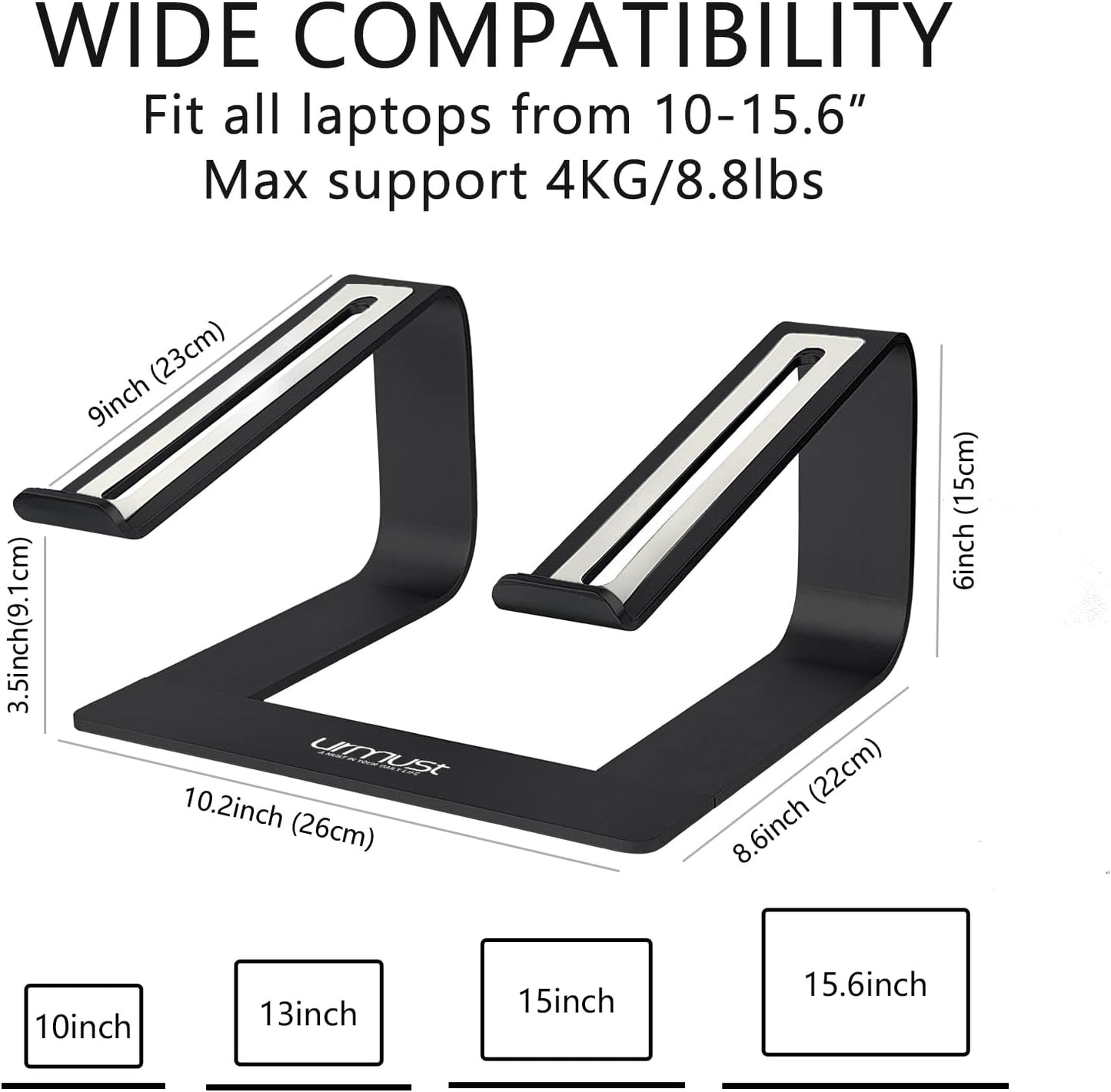 Urmust Adjustable Laptop Stand for Desk Aluminum Computer Stand for Laptop Riser Holder Notebook Stand Compatible with MacBook Air Pro Ultrabook All Laptops 11-17 inch (Black)