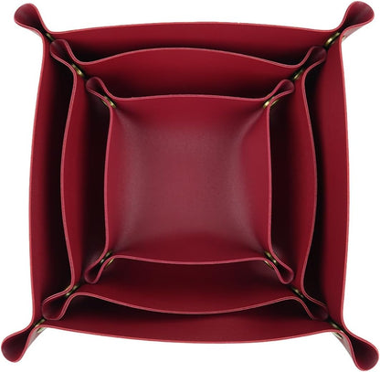 DoMii PU Leather Tray Valet Tray,Catchall Tray for Keys/Watch/Wallet/Jewelry,Desk Organizer for Entryway Table Bedside Nightstand 3Sizes Wine Red