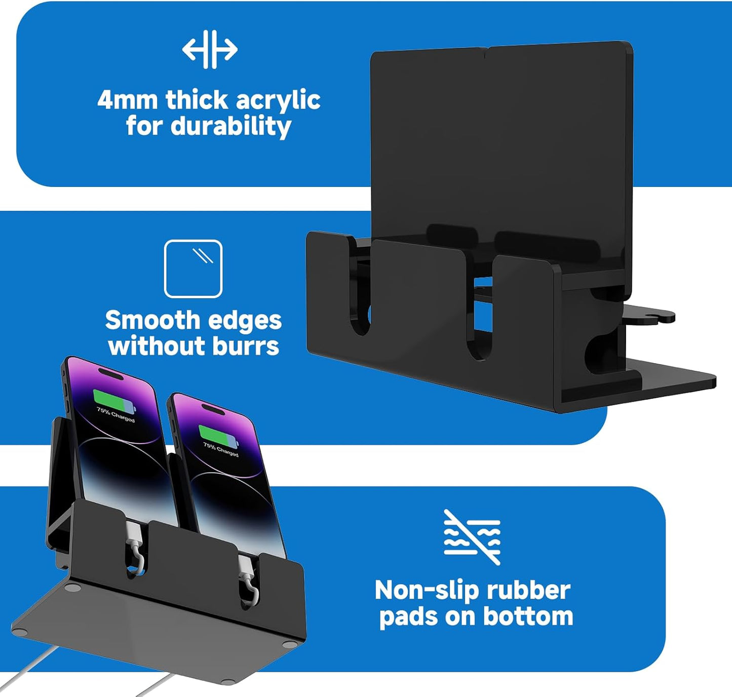 Dual Phone Holder Organizer Stand for 2 Phones, Acrylic Desktop Universal Mobile Phone Docking Station Charger Holder with Cable Management, Black